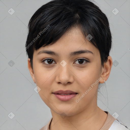 Joyful asian young-adult female with medium  black hair and brown eyes