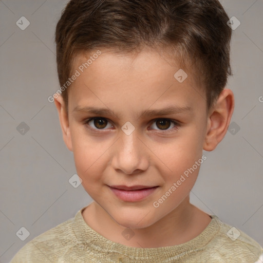 Joyful white child male with short  brown hair and brown eyes