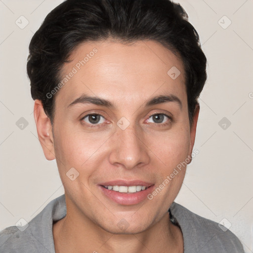 Joyful white young-adult female with short  brown hair and brown eyes