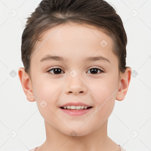 Joyful white child female with short  brown hair and brown eyes