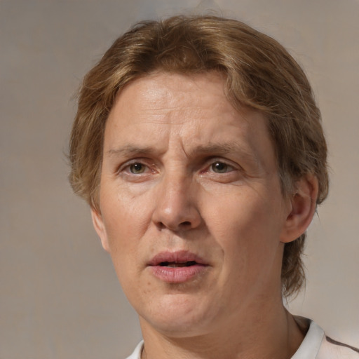 Joyful white middle-aged female with medium  brown hair and brown eyes