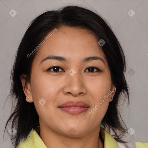 Joyful asian young-adult female with medium  brown hair and brown eyes