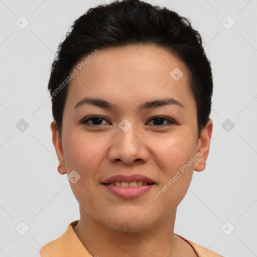 Joyful asian young-adult female with short  brown hair and brown eyes