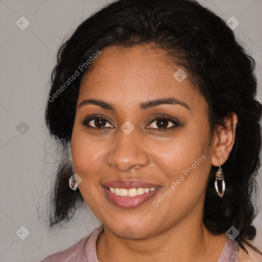 Joyful latino young-adult female with medium  black hair and brown eyes