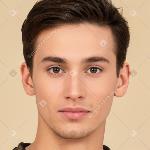 Neutral white young-adult male with short  brown hair and brown eyes