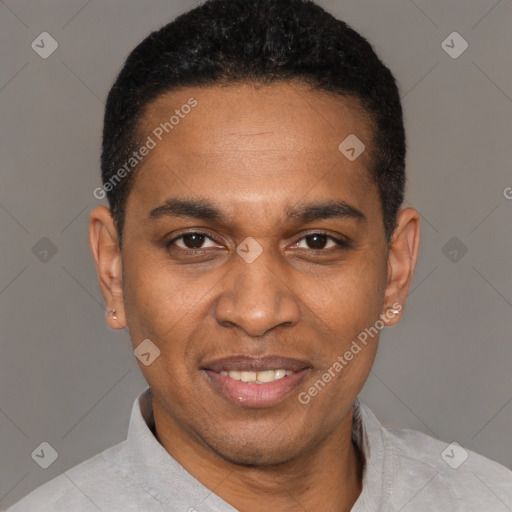 Joyful latino adult male with short  black hair and brown eyes