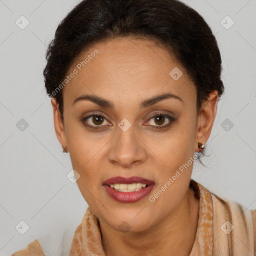 Joyful latino young-adult female with short  brown hair and brown eyes