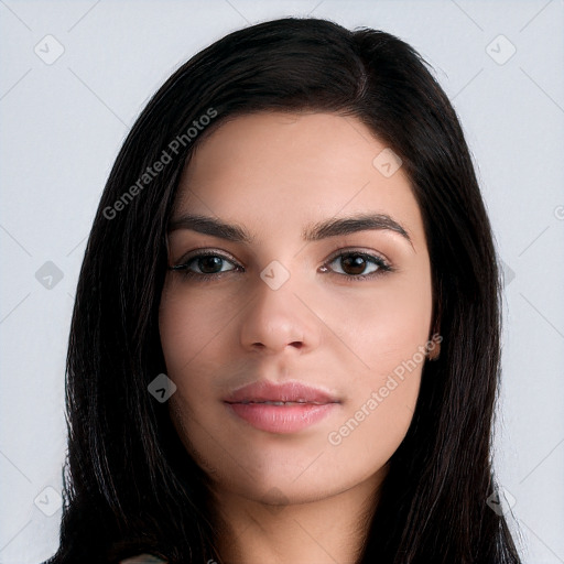 Neutral white young-adult female with long  black hair and brown eyes