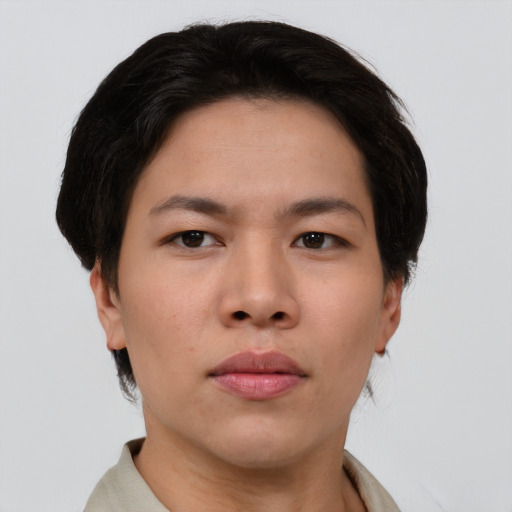 Neutral asian young-adult female with short  brown hair and brown eyes