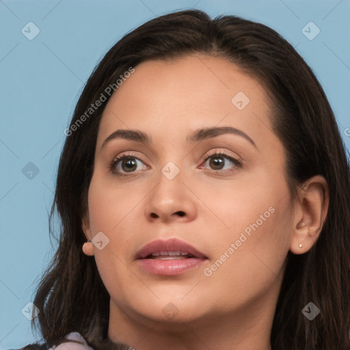 Neutral white young-adult female with long  brown hair and brown eyes