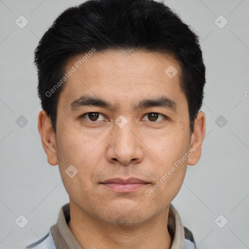 Neutral asian young-adult male with short  black hair and brown eyes