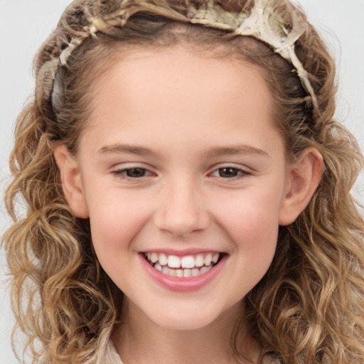 Joyful white child female with medium  brown hair and brown eyes