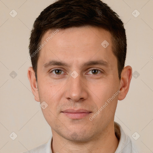 Neutral white young-adult male with short  brown hair and brown eyes