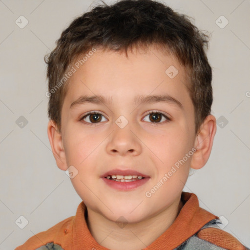 Joyful white child male with short  brown hair and brown eyes