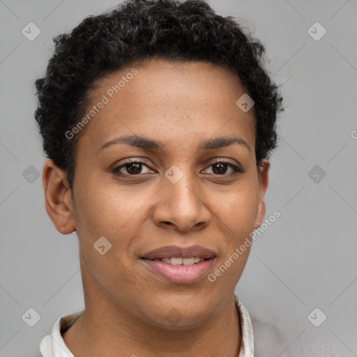 Joyful black young-adult female with short  brown hair and brown eyes