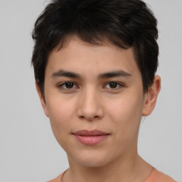 Neutral asian young-adult male with short  brown hair and brown eyes