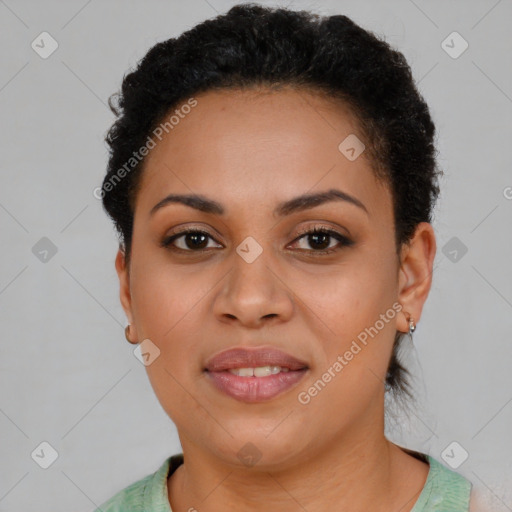 Joyful latino young-adult female with short  brown hair and brown eyes