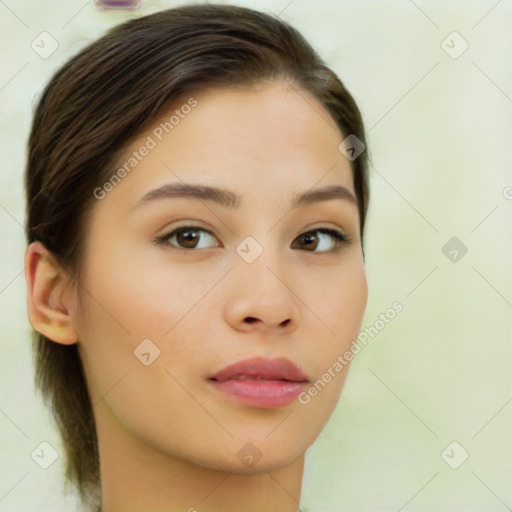 Neutral white young-adult female with medium  brown hair and brown eyes