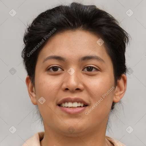 Joyful asian young-adult female with short  brown hair and brown eyes