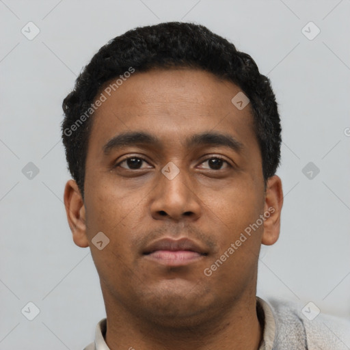 Neutral black young-adult male with short  black hair and brown eyes