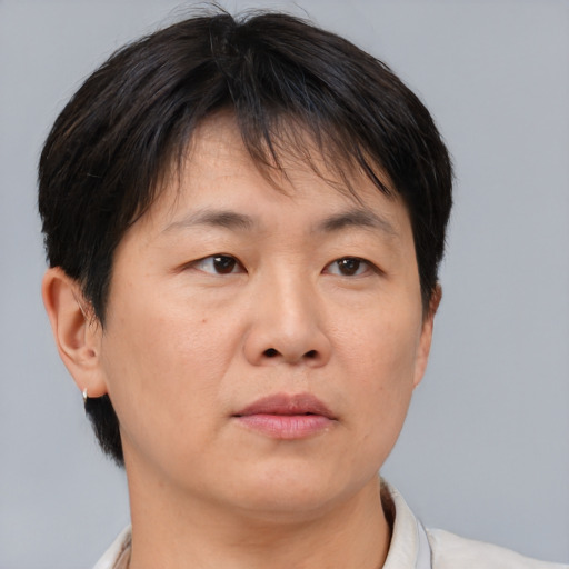 Neutral asian adult female with short  brown hair and brown eyes