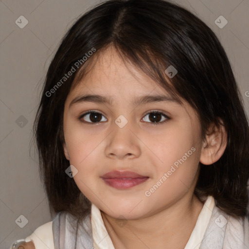 Joyful white child female with medium  brown hair and brown eyes