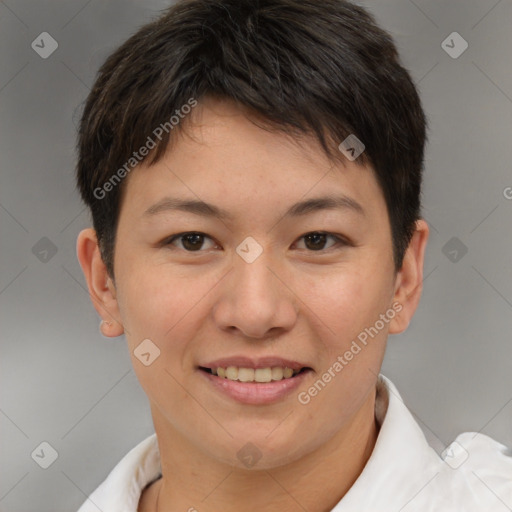 Joyful white young-adult female with short  brown hair and brown eyes