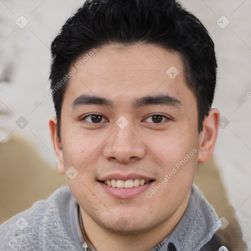 Joyful latino young-adult male with short  brown hair and brown eyes