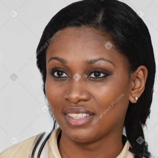 Joyful latino young-adult female with medium  black hair and brown eyes