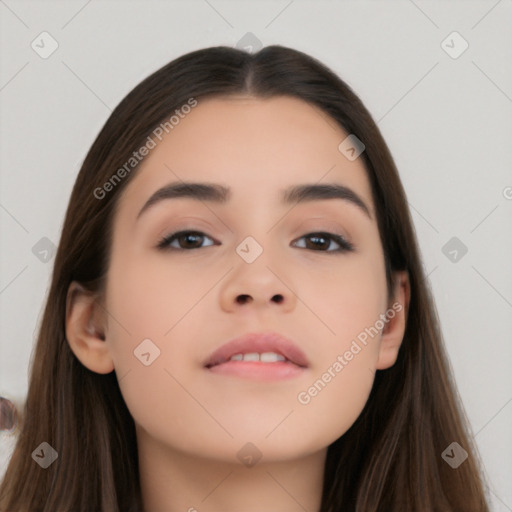 Neutral asian young-adult female with long  brown hair and brown eyes