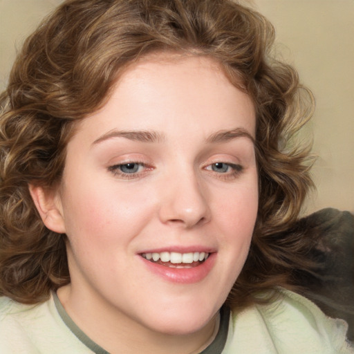 Joyful white young-adult female with medium  brown hair and green eyes