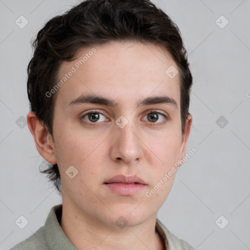 Neutral white young-adult male with short  brown hair and grey eyes