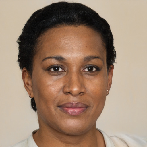 Joyful black adult female with short  black hair and brown eyes