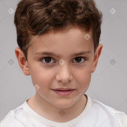 Joyful white child male with short  brown hair and brown eyes