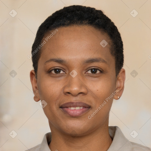 Joyful black young-adult female with short  black hair and brown eyes