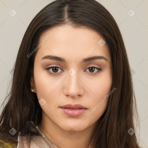 Neutral white young-adult female with long  brown hair and brown eyes