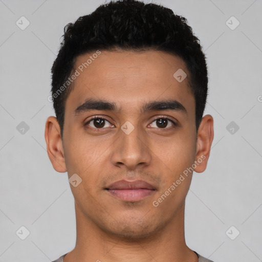 Neutral latino young-adult male with short  black hair and brown eyes