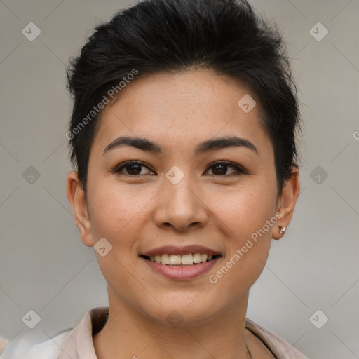 Joyful latino young-adult female with short  brown hair and brown eyes