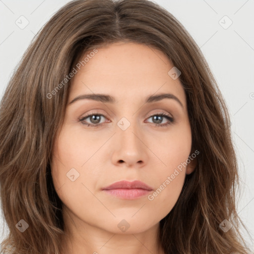 Neutral white young-adult female with long  brown hair and brown eyes