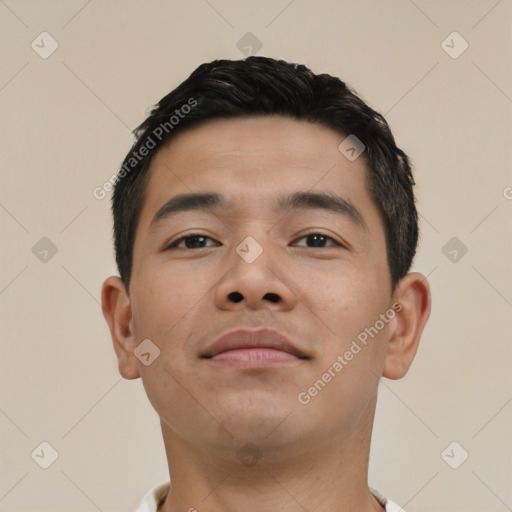 Neutral asian young-adult male with short  black hair and brown eyes