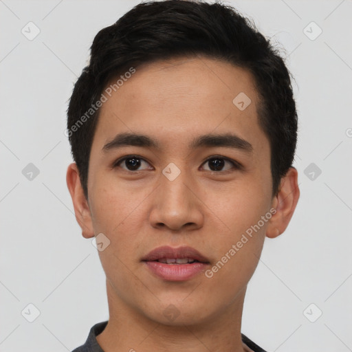 Neutral asian young-adult male with short  black hair and brown eyes