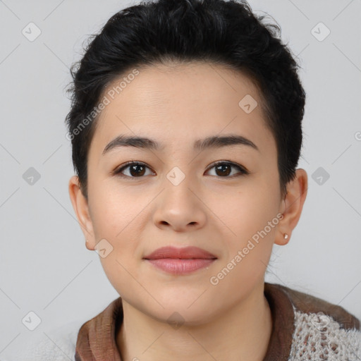 Joyful asian young-adult female with short  brown hair and brown eyes