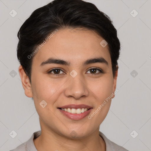 Joyful white young-adult female with short  brown hair and brown eyes