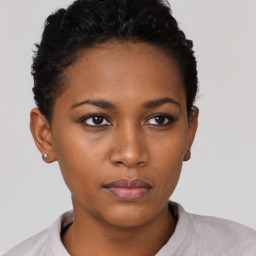 Neutral black young-adult female with short  black hair and brown eyes