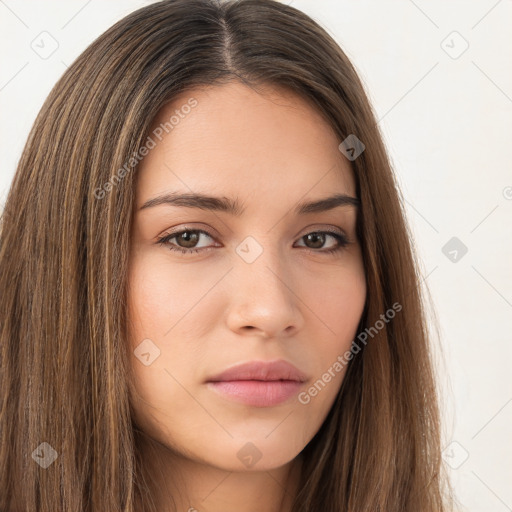 Neutral white young-adult female with long  brown hair and brown eyes