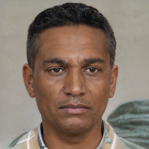 Neutral black adult male with short  black hair and brown eyes