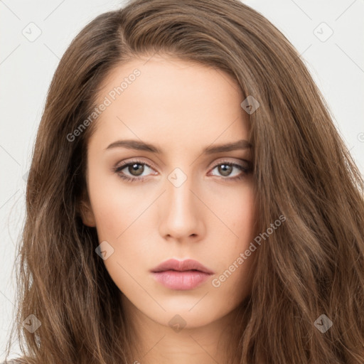 Neutral white young-adult female with long  brown hair and brown eyes