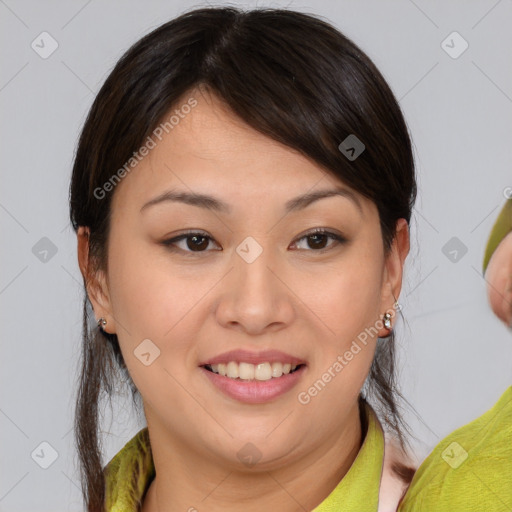 Joyful white young-adult female with medium  brown hair and brown eyes