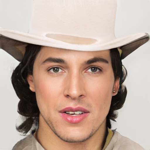 Joyful white young-adult male with medium  brown hair and brown eyes