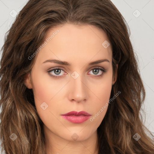 Neutral white young-adult female with long  brown hair and brown eyes